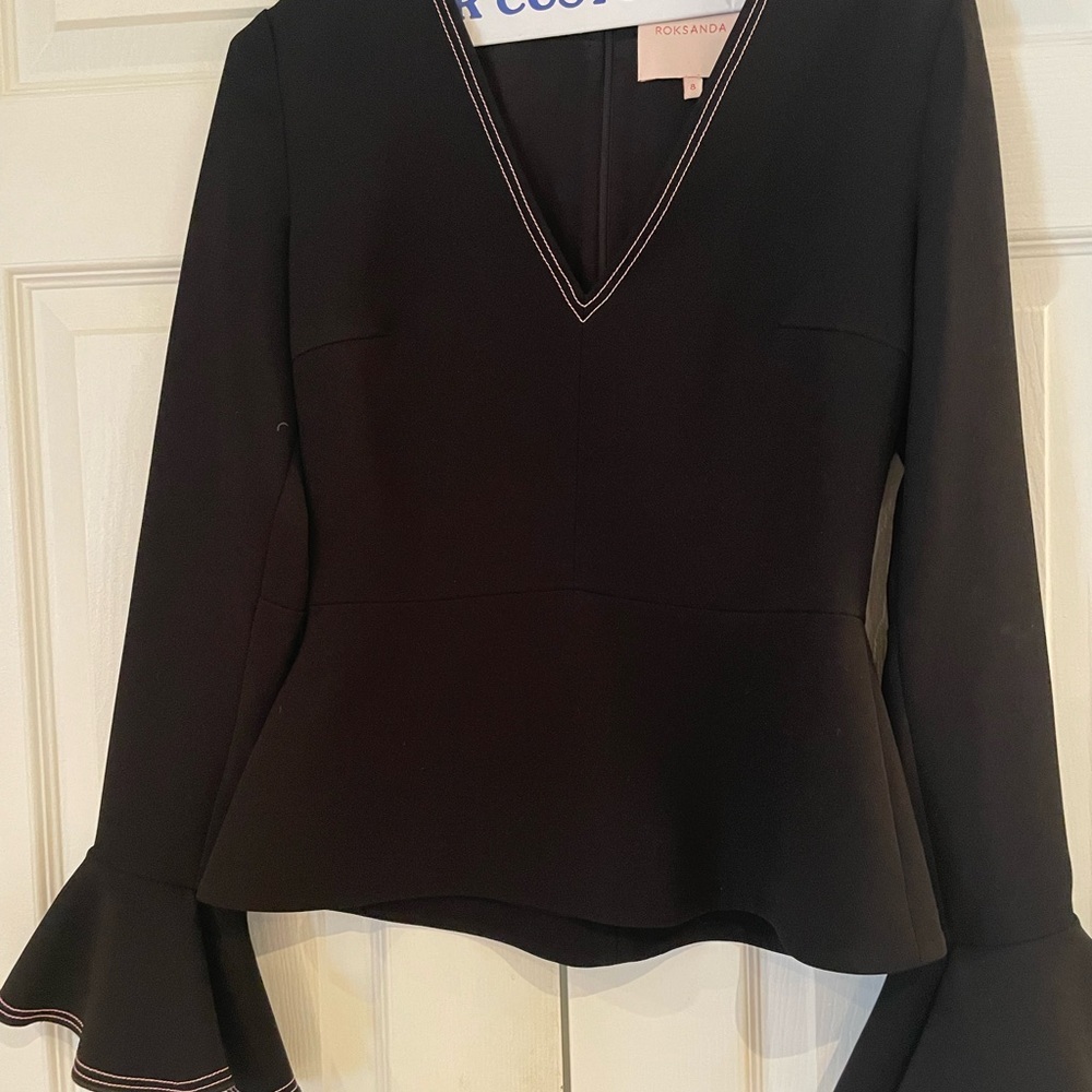 Roksanda Ilincic Black V-Neck Peplum Top with Pink Contrast Stitching